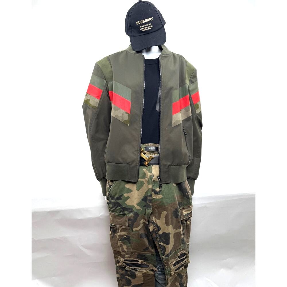 Men's Neil Barrett Khaki Green Paneed Stripe Bomber Jacket Size M